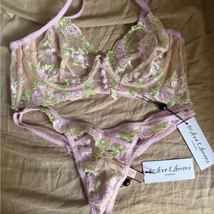 For Love And Lemons Pink and Green Lace Lingerie Set